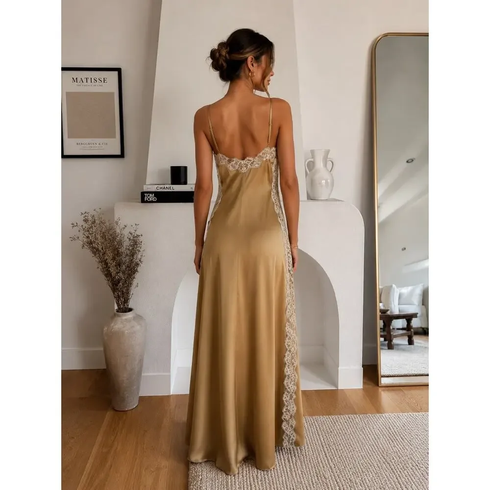 Reformation Ericka Silk Lace Slip Maxi Dress Riesling Gold Champagne US4 - Picture 2 of 8